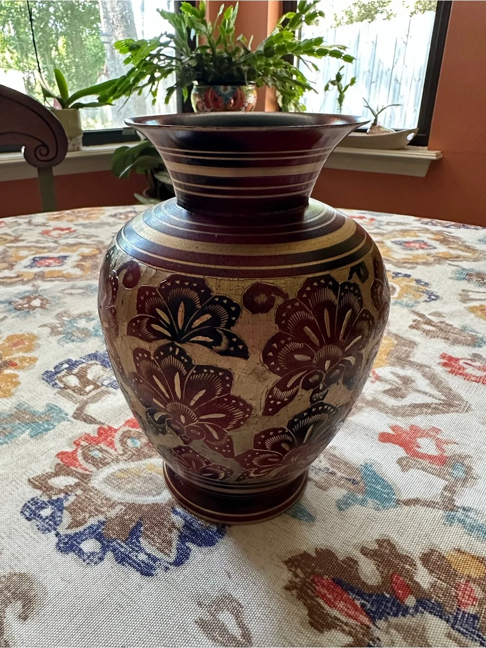 Decorative Floral Etched Brass Vase in Burgundy and Gold - Unbranded
